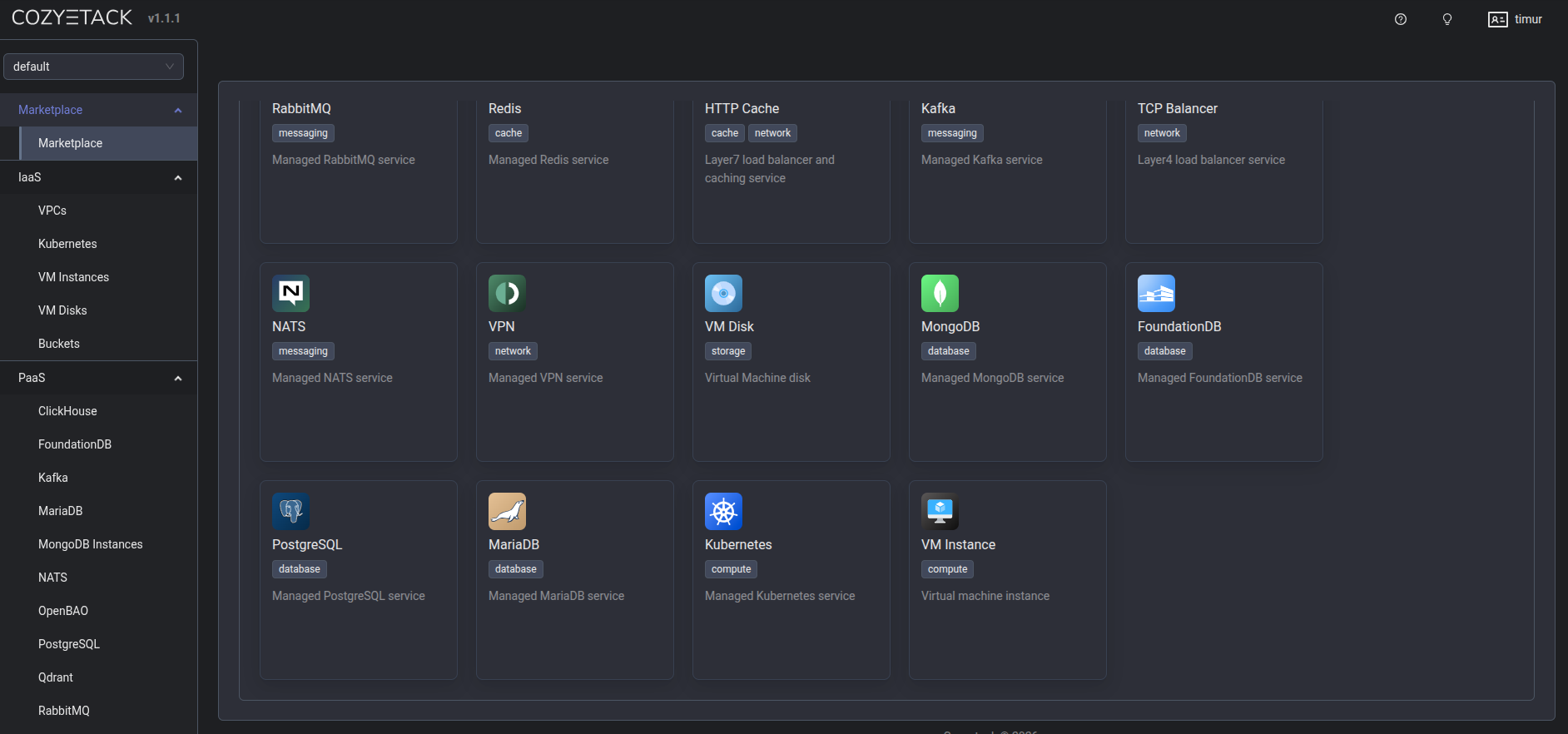 Cozystack dashboard Marketplace with the Postgres application