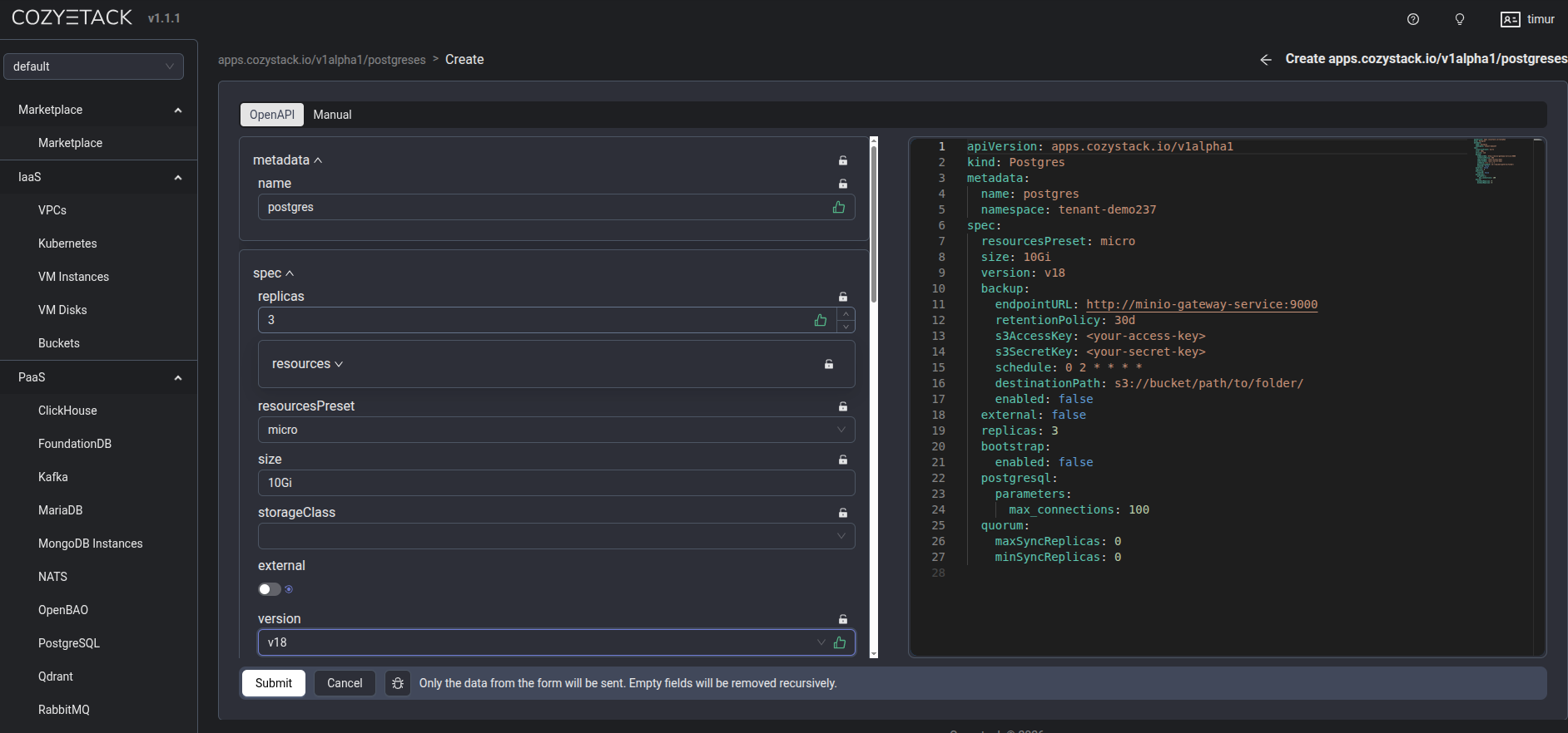 Postgres deployment form with replicas and resources configured